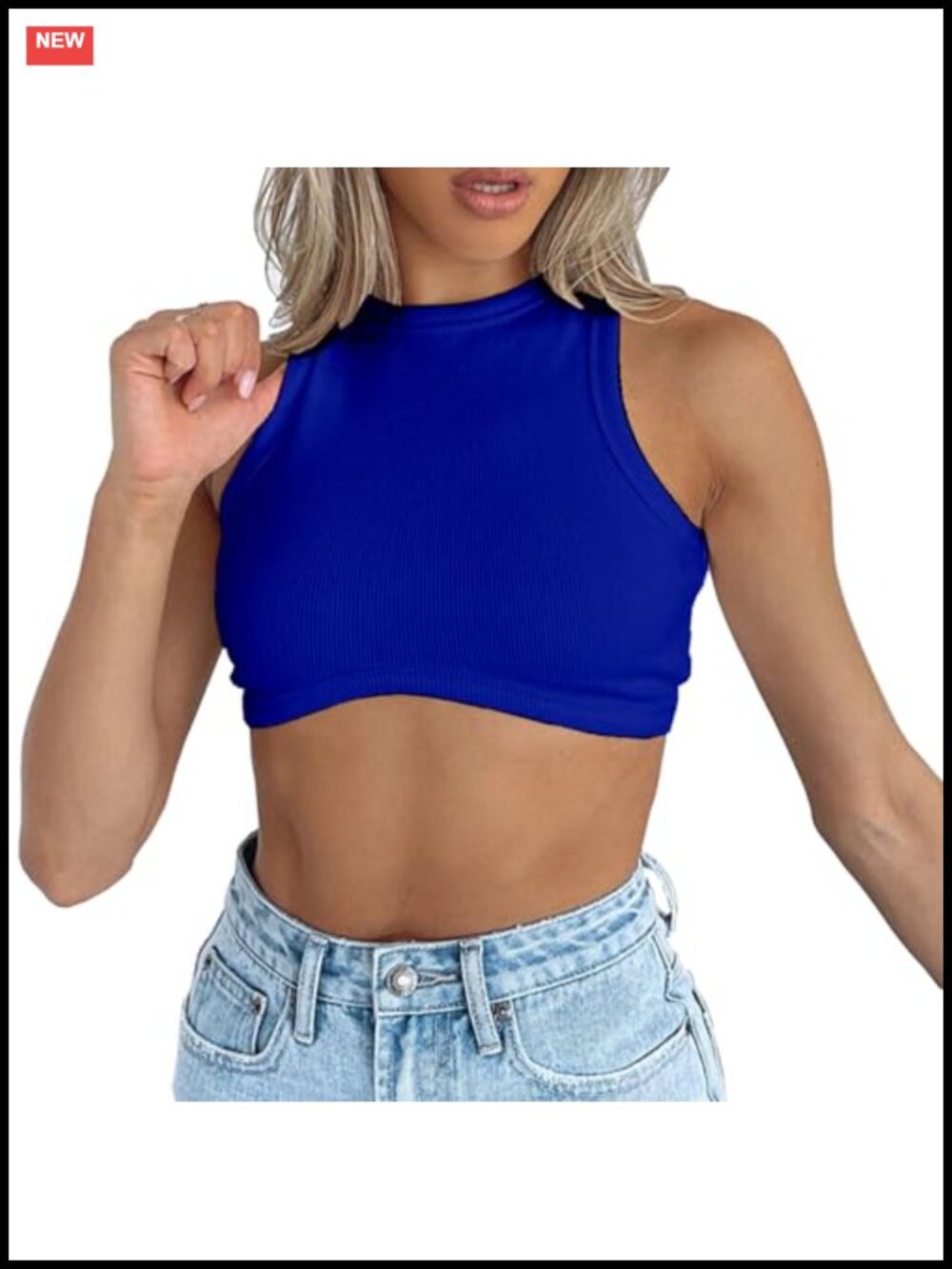 Womens Ribbed Knit Sleeveless Crop Top Crew Neck Racerback Fitted Tank